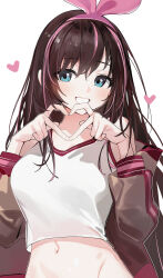1girl four-finger_heart_hands absurdres black_hair blue_eyes blush breasts brown_jacket commentary_request cropped_jacket hair_between_eyes hairband heart heart_hands highres jacket kizuna_ai kizuna_ai_inc. large_breasts long_hair looking_at_viewer multicolored_hair navel open_clothes open_jacket pink_hair pink_hairband shirt silver_(chenwen) simple_background smile solo streaked_hair upper_body virtual_youtuber white_background white_shirt
