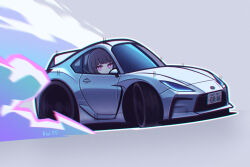 1girl artist_name black_hair bright_pupils car chromatic_aberration drifting driving grey_background kai55 license_plate motor_vehicle original purple_eyes right-hand_drive shadow smoke solo sports_car toyota toyota_86 toyota_gr86 vehicle_focus white_car white_pupils