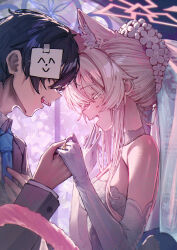 1boy 1girl ^_^ akira_(blue_archive) animal_ear_fluff animal_ears betabeet black_hair blue_archive blue_necktie blush breasts bridal_veil bride cat_ears cat_girl cat_tail choker cleavage closed_eyes commentary doodle_sensei_(blue_archive) dress dress_shirt elbow_gloves embroidered_dress extra_ears glint gloves grey_jacket groom halo hetero highres holding_hands jacket jewelry medium_breasts necktie open_mouth paper_on_head pink_hair ring sensei_(blue_archive) shirt smile strapless strapless_dress tail upper_body veil wedding wedding_dress wedding_ring white_choker white_dress white_gloves white_shirt