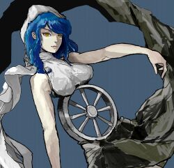 1girl blue_hair breasts commentary_request fortuna_(megami_tensei) haruhuru_8686 highres long_hair parted_lips pink_lips shin_megami_tensei solo wheel white_hood yellow_eyes
