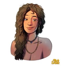 1girl artist_name bare_shoulders breasts brown_eyes ckincker collarbone commentary dark-skinned_female dark_skin english_commentary hair_over_shoulder jewelry marvel mature_female medium_breasts necklace nude rio_morales smile solo spider-man:_into_the_spider-verse spider-man_(series) spider-verse wavy_hair