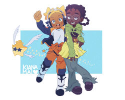 2girls afro_puffs aika_(kiana_mai) cornrows crop_top dark-skinned_female dark_skin denim glasses headphones highres hoshi_(kiana_mai) i_don&#039;t_want_to_be_a_magical_girl jeans kiana_mai multiple_girls pants shirt skirt skousers smile very_dark_skin zira_(kiana_mai)