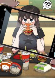 1girl ? ?? black_shirt blue_eyes blush bracelet brown_hair burger cellphone cellphone_photo childhood_friend_complex eating eunhi food french_fries hands_up highres jewelry lee_ha-neul looking_at_viewer official_art phone shirt short_hair sitting soda speech_bubble table tray