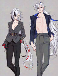 1boy 1girl arlecchino_(genshin_impact) artist_name asymmetrical_bangs belt belt_buckle black_belt black_choker black_eyes black_hair black_hands black_pants blue_eyeliner blue_hair blue_jacket breasts buckle choker cleavage closed_mouth collarbone colored_extremities commentary_request crossed_bangs ear_piercing earrings eyeliner fingernails frilled_sleeves frills genshin_impact grey_background grey_jacket grey_pants hair_between_eyes hand_in_pocket hand_on_own_hip highres jacket jewelry lapels large_breasts linked_piercing long_fingernails long_hair long_sleeves looking_at_viewer low_ponytail makeup multicolored_hair necklace neuvillette_(genshin_impact) ojo_aa open_clothes open_jacket pants parted_bangs pectoral_cleavage pectorals piercing pointy_ears ponytail purple_eyes red_hair red_nails red_pupils sharp_fingernails simple_background smile standing stomach streaked_hair symbol-shaped_pupils twitter_username very_long_hair watermark white_hair x-shaped_pupils