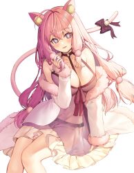 1girl ahoge aile_(crossroads) animal_ears blush breasts cat_ears cat_girl cat_tail cleavage coat commentary flower_in_eye highres large_breasts long_hair long_sleeves looking_at_viewer nightgown open_mouth original pink_eyes pink_hair pink_nightgown simple_background smile solo symbol_in_eye tail white_background white_coat
