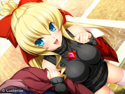 1boy 1girl :d aqua_eyes bare_shoulders black_sweater blonde_hair bow breasts brick brick_road company_name copyright_name copyright_notice detached_sleeves exs-tia_chevalier gem hair_bow high_ponytail impossible_clothes inoino jacket jewelry kouyoku_senki_exs-tia legs_apart long_hair lusterise medium_breasts necklace official_art open_clothes open_jacket open_mouth ponytail red_bow red_gemstone red_jacket rieszverne_suzette_paladill short_shorts shorts smile solo_focus sweater thighhighs tongue white_thighhighs zettai_ryouiki