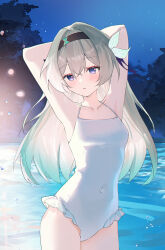 1girl absurdres alternate_costume arms_behind_head black_hairband blush breasts casual_one-piece_swimsuit collarbone commentary covered_navel cowboy_shot firefly_(honkai:_star_rail) hairband highres honkai:_star_rail honkai_(series) looking_at_viewer night night_sky one-piece_swimsuit outdoors parted_lips purple_eyes sky small_breasts solo swimsuit usagi_(786113654) water white_one-piece_swimsuit