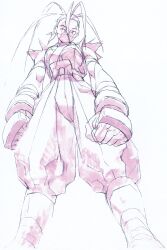1girl antenna_hair armor bandana black_hair breasts concept_art dougi from_below game_cg gloves hair_pulled_back high_ponytail highres hip_vent ibuki_(street_fighter) japanese_armor kote long_hair looking_down mask mouth_mask ninja ninja_mask nishimura_kinu non-web_source official_art ponytail solo street_fighter street_fighter_iii_(series) wrist_wrap