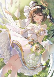 1girl :d ^_^ ahoge bad_source bare_shoulders bison_cangshu blush book bow brown_hair choker closed_eyes clover clover_hair_ornament crown dress feet_out_of_frame four-leaf_clover four-leaf_clover_hair_ornament hair_bow hair_ornament hairband hands_on_own_chest highres indie_virtual_youtuber lying mini_crown off-shoulder_dress off_shoulder official_alternate_costume official_alternate_hairstyle on_back open_mouth smile solo white_dress wings yousa