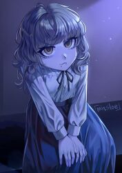1girl artist_name blue_theme closed_mouth commentary english_commentary face_piercing fear_&amp;_hunger_(series) fear_&amp;_hunger_2:_termina hands_on_lap highres long_sleeves marina_(fear_&amp;_hunger) medium_hair mouth_piercing neck_ribbon piercing ribbon sakimitsloe shirt_tucked_in sitting skirt solo