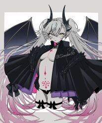 1girl absurdres bikini bikini_bottom_only black_skin body_markings border breasts choker cleavage colored_skin cropped_legs demon_horns demon_wings fate/grand_order fate_(series) fingernails gradient_hair grey_border grey_hair highres horns jacket lilith_(fate) long_fingernails long_hair looking_at_viewer medium_breasts multicolored_hair navel pink_hair pubic_tattoo sharp_fingernails simple_background solo swimsuit tattoo tokumori_ramen twintails white_background wings yellow_eyes