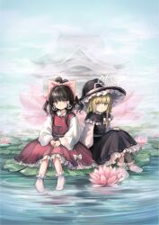 2girls alternate_headwear black_capelet black_hat black_skirt blonde_hair bow braid brown_hair building capelet commentary_request flower fog frilled_skirt frills hair_bow hakurei_reimu hat highres kirisame_marisa lily_pad long_hair long_sleeves looking_at_viewer multiple_girls official_alternate_costume open_mouth oversized_flower pink_bow pink_eyes portrait_of_exotic_girls red_skirt red_vest ribbon-trimmed_skirt ribbon_trim ripples sasami_(shiroi_fuwafuwa) side_braid single_braid sitting skirt socks touhou vest water water_lily_flower white_bow white_socks wide_sleeves yellow_eyes
