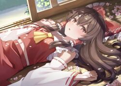 1girl ascot bow brown_eyes brown_hair cherry_blossoms chest_sarashi collared_shirt commentary_request detached_sleeves flower frilled_bow frilled_hair_tubes frilled_shirt_collar frills hair_bow hair_tubes hakurei_reimu long_hair long_sleeves looking_at_viewer lying midriff_peek navel on_back petals pink_flower red_bow red_ribbon red_shirt red_skirt ribbon ribbon-trimmed_sleeves ribbon_trim sarashi shirt skirt sleeveless sleeveless_shirt solo sunlight touhou wide_sleeves wooden_floor yellow_ascot yuuka_nonoko