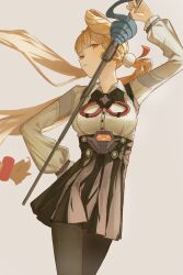 1girl absurdres alice_thymefield animal_ears black_bow black_bowtie black_pantyhose black_skirt bow bowtie chest_bow closed_mouth collared_shirt cowboy_shot heterochromia high-waist_skirt highres holding holding_sword holding_weapon kaien_(akanee_18) long_hair pantyhose rapier shirt skirt sword twintails weapon white_shirt zenless_zone_zero