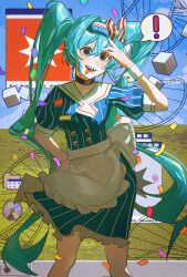 ! 1girl absurdres alternate_costume alternate_eye_color apron arm_up black_choker black_eyes blue_dress blue_hair blue_hat blue_sky blush bow buttons calendar_(object) choker collared_dress confetti double-breasted dress dvd_(object) feet_out_of_frame flve hair_between_eyes hand_on_own_hip hat hat_bow hatsune_miku highres looking_at_viewer medium_dress mesmerizer_(vocaloid) open_mouth pinstripe_dress pinstripe_hat pinstripe_pattern red_bow sailor_collar sharp_teeth short_sleeves sky solid_circle_eyes solo spoken_exclamation_mark teeth tongue tongue_out twintails two-tone_bow visor_cap vocaloid waist_apron white_apron white_bow white_wrist_cuffs window_(computing) wrist_cuffs