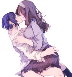 2girls amane_(7783) black_skirt black_socks blush brown_hair character_request closed_eyes collared_shirt commentary_request grey_hairband hairband hand_on_another&#039;s_neck hand_on_another&#039;s_waist highres holding_own_arm idolmaster idolmaster_cinderella_girls kiss kneehighs long_hair long_sleeves multiple_girls pleated_skirt purple_hair school_uniform shirt short_hair simple_background skirt socks sweat white_background white_shirt yuri