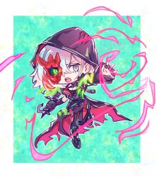 1girl 250en_remon black_dress black_hood breasts chibi cleavage diabellstar_the_black_witch dress duel_monster full_body green_eyes grey_eyes grey_hair half_mask heterochromia highres holding holding_sword holding_weapon magic mask solo sword weapon yu-gi-oh!
