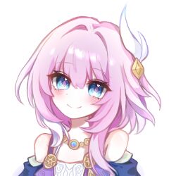 1girl bare_shoulders blue_eyes chinese_commentary commentary_request cyrene_(honkai:_star_rail) dress hair_intakes hair_ribbon honkai:_star_rail honkai_(series) jewelry jiangtang_ginger looking_at_viewer necklace off-shoulder_dress off_shoulder pink_hair pink_pupils ribbon short_hair simple_background smile solo upper_body white_background white_ribbon