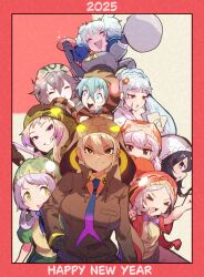 6+girls absurdres african_rock_python_(kemono_friends) alcohol amazon_tree_boa_(kemono_friends) black_eyes black_hair black_mamba_(kemono_friends) blonde_hair bow bowtie brown_hair byakuda_(kemono_friends) emerald_tree_boa_(kemono_friends) gloves green_eyes green_hair grey_hair hair_ornament happy_new_year highres hood hoodie jacket kemono_friends kemono_friends_3 king_cobra_(kemono_friends) long_hair looking_at_viewer multiple_girls necktie new_year okinawa_habu_(kemono_friends) pants pink_hair red_eyes ribbon riri_(dgra3272) shirt simple_background slit_pupils snake_girl taipan_(kemono_friends) tsuchinoko_(kemono_friends) twintails yamata_no_orochi_(kemono_friends) yellow_eyes