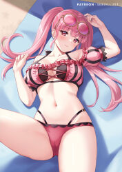 1girl bikini blush breasts cleavage eyewear_on_head fire_emblem fire_emblem:_three_houses fire_emblem_heroes hilda_valentine_goneril hilda_valentine_goneril_(summer) large_breasts long_hair looking_at_viewer lying navel nintendo official_alternate_costume on_back partially_visible_vulva patreon_username pink_bikini pink_hair red_eyes round_eyewear sebu_illust smile solo sunglasses swimsuit twintails