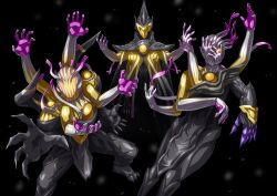 asymmetry black_background black_cloak cloak eldritch_abomination extra_arms gaelya germain gigist gold_mask highres kamen_rider kamen_rider_gotchard_(series) monster no_humans open_hands otokamu spread_legs yellow_eyes