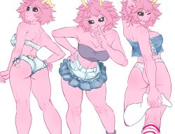 1girl absurdres ashido_mina ass back bandaid bare_shoulders bikini boku_no_hero_academia hhholic highres horns looking_at_viewer one_eye_closed panties pink_hair simple_background socks solo standing swimsuit thighs underwear