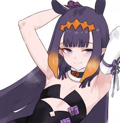 1girl arm_behind_head armpits arms_up black_collar black_dress bluefield blunt_bangs collar cutout_above_navel detached_sleeves dress flat_chest fur-trimmed_collar fur_trim gloves headpiece highres hololive hololive_english long_hair mole mole_under_eye ninomae_ina&#039;nis ninomae_ina&#039;nis_(1st_costume) pointy_ears purple_eyes purple_gloves purple_hair simple_background single_detached_sleeve solo tentacle_hair upper_body virtual_youtuber white_background