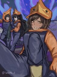 Rule 34 | 1boy, 2girls, alternate costume, black hair, blue overalls, brown eyes, brown hair, cigarette, dark-skinned female, dark skin, english text, fishing net, highres, hong lu (project moon), latorta il, limbus company, long hair, looking at viewer, multiple girls, one eye closed, open mouth, opened can of wellcheers, outis (project moon), overalls, project moon, ryoshu (project moon), shrimp, shrimp hair ornament, standing, sweat