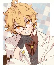 1boy :d aether_(genshin_impact) ahoge alternate_costume bespectacled black-framed_eyewear black_gloves black_sweater_vest blonde_hair bolo_tie border coat collared_shirt earrings elbow_rest feather_earrings feathers genshin_impact glasses gloves grid_background grin half_gloves hand_on_own_chin hand_up jewelry lab_coat lapels layered_clothes leaning_to_the_side long_sleeves looking_at_viewer male_focus nutschan24 open_clothes open_coat open_mouth orange_eyes outside_border rectangular_eyewear red_shirt semi-rimless_eyewear shirt short_hair single_earring smile solo star_(symbol) star_earrings straight-on sweater_vest twitter_username under-rim_eyewear upper_body white_border white_coat wing_collar