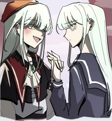 2girls absurdres ascot bang_dream! bang_dream!_it&#039;s_mygo!!!!! black_capelet capelet chinese_commentary commentary_request dual_persona green_hair hat highres holding_hands interlocked_fingers kira_reader long_sleeves mortis_(bang_dream!) multiple_girls open_mouth red_hat teeth tsukino_usagi upper_teeth_only wakaba_mutsumi white_ascot yellow_eyes