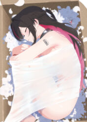 1girl azki_(hololive) black_collar black_hair box braid closed_eyes cohi27151463 collar colored_inner_hair commentary_request completely_nude fetal_position hair_ornament half_up_braid highres hololive hugging_own_legs in_box in_container long_hair lying multicolored_hair nude on_side pink_hair shoulder_tattoo sleeping solo tattoo two-tone_hair unworn_hair_ornament virtual_youtuber wrapped_up