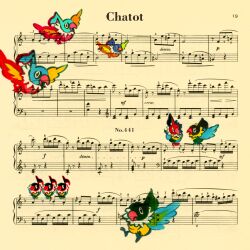 Rule 34 | alternate color, bird, character name, chatot, commentary, gen 4 pokemon, kameko, musical note, nintendo, no humans, open mouth, page number, perching, pokemon, pokemon (creature), sheet music, sixteenth note
