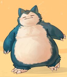 1boy barefoot belly blue_fur claws closed_eyes closed_mouth commentary creatures_(company) facing_viewer fangs fangs_out fat fat_man game_freak gen_1_pokemon highres nintendo pokemon pokemon_(creature) snorlax standing symbol-only_commentary toicobis yellow_background