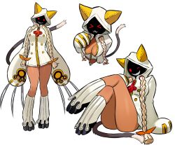 &gt;_&lt; 1girl :3 blazblue braid breasts claws cleavage full_body highres hood hooded_jacket jacket long_hair medium_breasts multiple_views one_eye_closed sharp_teeth simple_background sitting smile standing taokaka teeth twin_braids white_background white_jacket zeon_(zzeeonn)