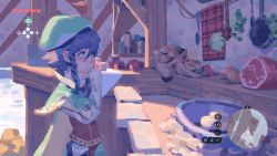 1boy black_hair braid cape closed_mouth commentary english_commentary food fortisselle gameplay_mechanics genshin_impact green_cape green_eyes green_hat hair_between_eyes hand_on_own_chin hat health_bar heart highres long_sleeves male_focus meat minimap nintendo parody pot solo the_legend_of_zelda the_legend_of_zelda:_breath_of_the_wild timestamp venti_(genshin_impact)