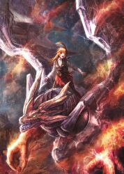 Rule 34 | 1girl, ahoge, black vest, breasts, brown bag, brown eyes, brown hair, dragon, dragon wings, duel masters, duel masters play&#039;s, fire, flute, highres, huge ahoge, instrument, kokko rupiko, long hair, long sleeves, open mouth, pantyhose, pleated skirt, recorder, red skirt, riding dragon, robuja, shade, shadow, sharp teeth, shirt, skirt, solo, teeth, upper teeth only, very long hair, vest, white shirt, wings