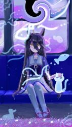 1girl absurdres ahoge animal_ears bow bowtie brown_shoes cat chair closed_mouth crossed_bangs grass grey_hair hair_between_eyes highres horse_ears horse_girl long_bangs long_hair_between_eyes looking_at_viewer manhattan_cafe_(umamusume) multicolored_hair pleated_skirt puffy_short_sleeves puffy_sleeves purple_bow purple_bowtie purple_shirt sailor_collar school_uniform shirt shoes short_sleeves sitting skirt smile swirl thighhighs tracen_school_uniform train_interior uma_41se umamusume white_cat white_sailor_collar white_skirt white_thighhighs window yellow_eyes