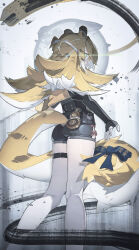 1girl absurdres animal_ear_fluff animal_ears black_gloves elbow_gloves fingerless_gloves from_behind gloves green_eyes high-waist_shorts highres jacket ju_fufu long_hair looking_at_viewer looking_back orange_fur orange_hair plabit shorts striped_fur striped_hair tail tail_ornament thigh_strap tiger_ears tiger_girl tiger_stripes tiger_tail yellow_jacket zenless_zone_zero