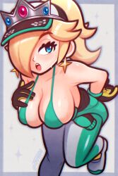 1girl :o armpit_crease bikini bikini_top_only blonde_hair blue_eyes breasts cleavage clothes_around_waist earrings eyelashes gloves hair_over_one_eye hat highres jacket jacket_around_waist jewelry large_breasts long_hair looking_at_viewer mario_(series) mario_kart mario_kart_world nintendo open_mouth pants ponytail rosalina rosalina_(pro_racer) solo star_(symbol) star_earrings sweat swimsuit teeth tsuvida twitter_username upper_teeth_only