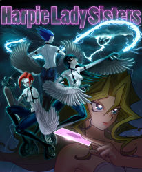 4girls armband armpits blonde_hair blue_eyes blue_hair breasts breasts_apart card character_name claws cleavage colored_skin duel_monster earrings energy_whip feathered_wings glowing green_hair harpie_lady harpie_lady_1 harpie_lady_sisters harpy holding holding_card jewelry kujaku_mai lightning lipstick long_hair makeup monster_girl multiple_girls navel pointy_ears red_eyes red_hair shoulder_blades siblings sideboob sisters smile suspenders suyu38 talons weapon whip white_skin winged_arms wings yu-gi-oh! yu-gi-oh!_duel_monsters