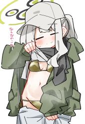 1girl absurdres baseball_cap bikini bikini_under_clothes black_scarf blue_archive blush breasts brown_bikini closed_eyes closed_mouth clothes_lift commentary_request dash_b green_jacket grey_hair grey_hat grey_pants grey_shirt groin halo hare_(blue_archive) hat highres hood hood_down hooded_jacket jacket long_hair navel one_side_up open_clothes open_jacket pants scarf shirt shirt_lift side-tie_bikini_bottom simple_background small_breasts small_sweatdrop solo sweat swimsuit translation_request wavy_mouth white_background