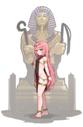 1girl absurdres ancient_egyptian ancient_egyptian_clothes anklet armlet bare_shoulders barefoot black_dress bracelet breasts coffin commentary_request covered_navel dress full_body green_eyes hair_ornament hanako_nana hand_up heok_bam highres jewelry korean_commentary long_hair looking_at_viewer multicolored_hair no_bra no_panties open_mouth pelvic_curtain pink_hair sideless_dress small_breasts solo standing stellive streaked_hair thighlet thighs very_long_hair virtual_youtuber x_hair_ornament