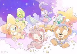 3boys 3girls animal_ears bear_girl cookieann duffy_and_friends duffy_the_disney_bear gelatoni green_fur highres looking_at_viewer multiple_boys multiple_girls olu_mel rabbit_ears rabbit_girl shelliemay shirt smile star_(sky) star_(symbol) stellalou stuffed_animal stuffed_toy takatmaorange turtle_boy