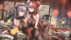 2girls absurdres apron azur_lane bamboo_steamer steamed_bun black_hairband black_leotard blush bodystocking breasts chao_ho_(azur_lane) chao_ho_(frolicking_flowers_verse_ii)_(azur_lane) cleavage clip_studio_paint_(medium) closed_mouth covered_navel creature crossed_bangs double_bun folding_screen food frilled_apron frilled_hairband frills grabbing_own_ass grey_hair hair_bun hair_intakes hair_spread_out hairband highres hiyashi_mirano indoors jar lantern large_breasts leaning_on_person leotard lobster looking_at_viewer making-of_available manjuu_(azur_lane) multicolored_hair multiple_girls official_alternate_costume paper_lantern parted_lips pink_eyes plate purple_eyes purple_hair red_apron red_hair red_hairband sleeveless split-color_hair steam strapless strapless_leotard thigh_strap thighband_bodystocking v-shaped_eyebrows ying_swei_(azur_lane) ying_swei_(frolicking_flowers_verse_i)_(azur_lane)
