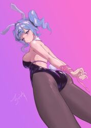 Rule 34 | 1girl, animal ears, arms behind back, ass, back, bare shoulders, black leotard, black pantyhose, blue eyes, blue hair, blunt bangs, blush, bound, bound wrists, breasts, chinese commentary, closed mouth, commentary request, cowboy shot, detached collar, dongyunqing, dutch angle, fake animal ears, fake tail, foreshortening, from below, hair intakes, hair ornament, hatsune miku, headband, heart, heart-shaped pupils, heart hair ornament, highleg, highleg leotard, large breasts, leotard, looking at viewer, looking down, medium hair, pantyhose, pink background, pink ribbon, playboy bunny, rabbit ears, rabbit hole (vocaloid), rabbit tail, ribbon, signature, simple background, skindentation, solo, symbol-shaped pupils, tail, thighs, tsurime, twintails, v arms, vocaloid, wavy hair, white headband, x hair ornament