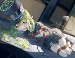 1girl arms_behind_back black_footwear black_hat black_jacket black_skirt blue_archive bound bound_ankles bound_arms bound_legs breasts buttons cloth_gag commission demon_tail double-breasted gag gagged green_hair green_halo greenapple halo hat highres hikari_(blue_archive) improvised_gag indoors jacket legs_together looking_at_viewer lying miniskirt on_floor on_side cloth_gag pantyhose peaked_cap pleated_skirt pointy_ears restrained shibari skirt small_breasts solo tail tearing_up white_pantyhose yellow_eyes