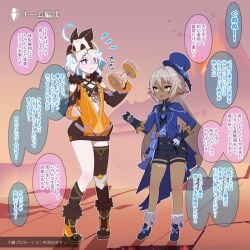 2girls ahoge asymmetrical_legwear bare_legs bare_shoulders black_choker black_shirt black_shoes black_shorts black_thighhighs blue_eyes blue_hair blue_hat blue_jacket choker cosplay costume_switch dark_skin dumbbell furina_(genshin_impact) furina_(genshin_impact)_(cosplay) genshin_impact green_eyes grey_hair hat highres holding holding_dumbbell iansan_(genshin_impact) iansan_(genshin_impact)_(cosplay) jacket long_sleeves mask mask_on_head multiple_girls pointy_ears shirt shoes short_hair short_shorts shorts single_thighhigh socks soku_(bluerule-graypray) standing thigh_strap thighhighs top_hat translation_request white_socks