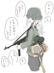 1girl absurdres combat_helmet entrenching_tool female_focus germany gun helmet highres holding holding_gun holding_weapon long_hair military military_uniform mp40 original red_eyes shichisaburo soldier solo stahlhelm submachine_gun translation_request weapon wehrmacht white_background white_hair world_war_ii