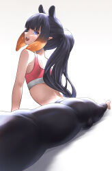 1girl absurdres alternate_costume ass blue_eyes blunt_bangs exercising gradient_hair highres hololive hololive_english honkivampy long_hair looking_at_viewer multicolored_hair ninomae_ina&#039;nis open_mouth orange_hair pants pointy_ears pointy_nose ponytail purple_hair sidelocks solo sports_bra spread_legs squatting tentacle_hair thighhighs thighs very_long_hair virtual_youtuber yoga_pants
