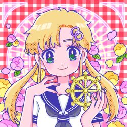 Rule 34 | 1girl, blonde hair, buddhism, closed mouth, dot nose, eyelashes, flower, fujishima moyu, green eyes, grey neckerchief, hair ornament, highres, long hair, looking at viewer, neckerchief, original, pink flower, plaid background, portrait, sailor collar, school uniform, serafuku, shirt, short sleeves, smile, steering wheel, white shirt, yellow flower